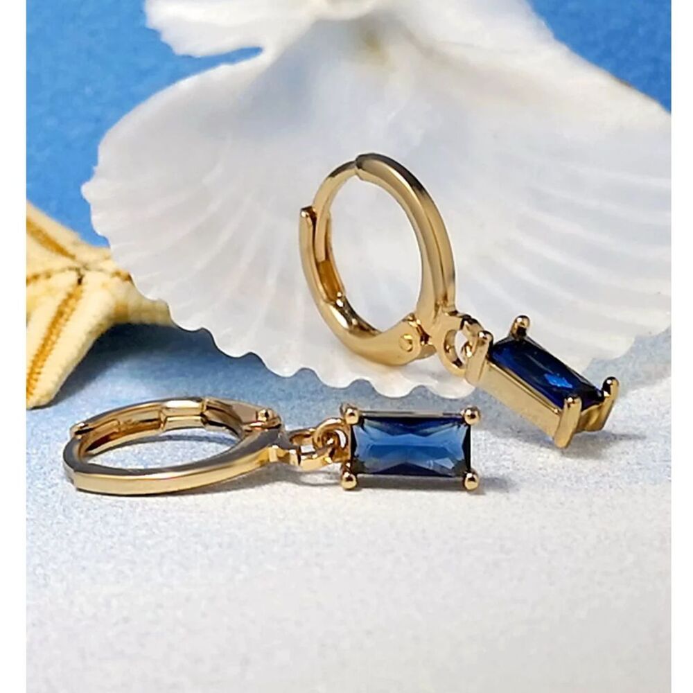 Rectangle Blue Zirconia Crystal Drop Hoop Gold Earrings Emerald Cut Gemstone New - Picture 3 of 5